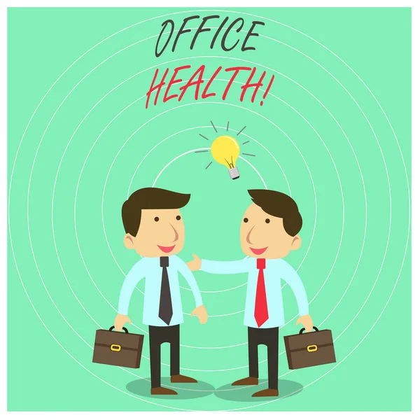 Text tecken som visar Office-hälsa. Konceptuell bild förbättrar den totala fysiska och mentala tillstånd av anställda två vita affärsmän kollegor med korta fall dela idé lösning. — Stockfoto