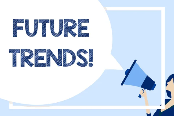 Tekst schrijven Future Trends. Business concept voor voorspellingen van invloed op technologie klanten en het bedrijfsleven Enorme Blanco Speech Bubble Round Shape. Slanke vrouw met kleurrijke megafoon. — Stockfoto