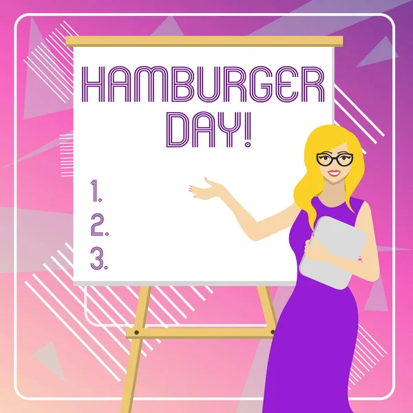 Text sign showing Hamburger Day. Conceptual photo celebrates the history of this most irresistible of sandwiches White Female in Glasses Standing by Blank Whiteboard on Stand Presentation.