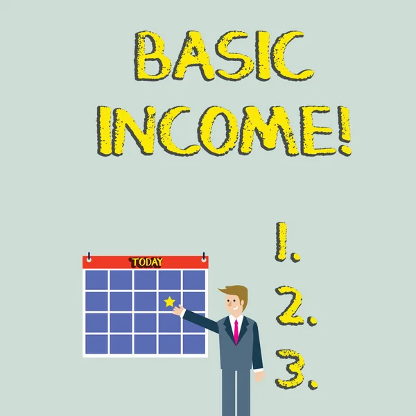 Handwriting text Basic Income. Concept meaning periodic cash payment unconditionally delivered Minimum income Businessman Smiling and Pointing to Colorful Calendar with Star Hang on Wall. — Stock Photo, Image