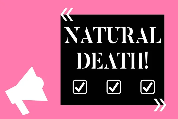 Text sign showing Natural Death. Conceptual photo occurring in the course of nature and from natural causes Isolated Megaphone Pointing Upward to Empty Text Box in Quotation Marks. — Stock Photo, Image