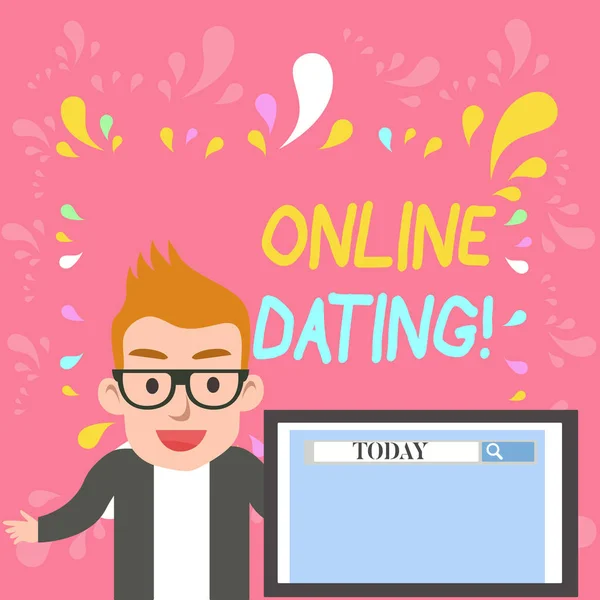 Ordskrivning text Online Dating. Affärsidé för praxis att söka efter en roanalytisk partner på Internet Manlig högtalare Övervaka med sökverktyg på skärmen Presentation eller rapport. — Stockfoto