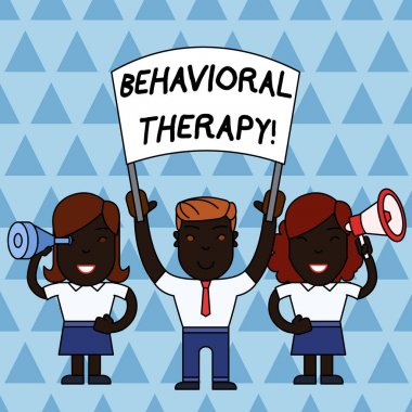 Davranış Terapisi'ni gösteren bir metin işareti. Kavramsal fotoğraf, potansiyel olarak kendine zarar verici davranışları değiştirmeye yardımcı Boş Banner, Megafon ve Spy Glass Peaceful Demonstration ile Insanlar.