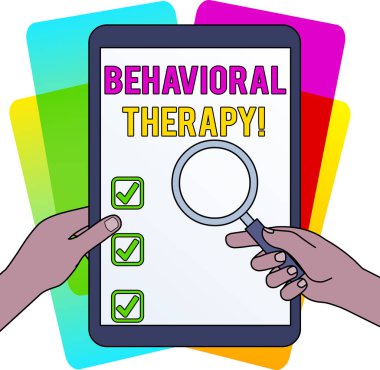 Kelime yazma metni Davranış Terapisi. Kişisel zarar verme potansiyeli olan davranışları değiştirmek için iş konsepti Eller Kapalı Dokunmatik Ekran Tabletine Karşı Büyüteç Tutma.