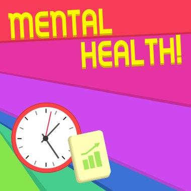 Ruh Sağlığını gösteren bir metin işareti. Kavramsal fotoğraf, Artan Çubuk Grafiği ve Ok İşareti Yukarı gösteren Bir Düzen Duvar Saati Not Defteri'nin psikolojik refahının durumu veya düzeyi.