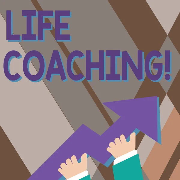Handwriting text writing Life Coaching. Concept meaning a demonstrating employed to help showing attain their goals in life photo of Hand Holding Colorful Huge 3D Arrow Pointing and Going Up. — 스톡 사진