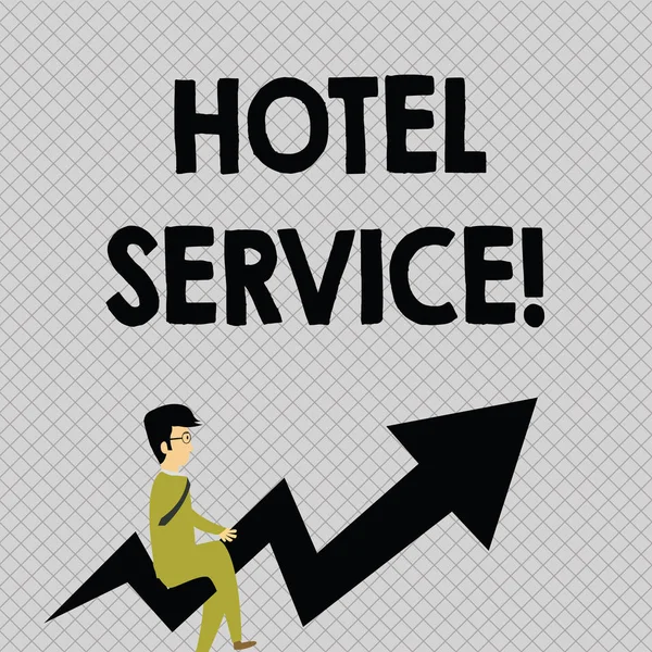 호텔 서비스를 보여주는 개념적 손 쓰기. 비즈니스 사진 텍스트 손님 따뜻한 숙박 시설 및 기타 서비스 사업가 안경 을 타고 비뚤어진 화살표 를 가리키는 제공. — 스톡 사진