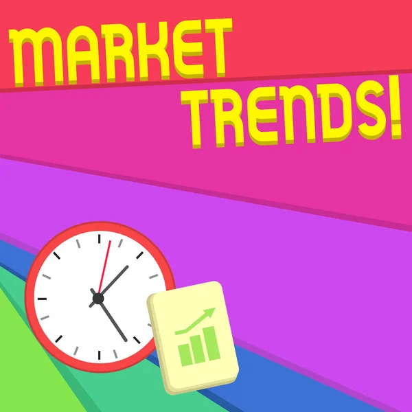 Text sign showing Market Trends. Conceptual photo Changes and developments in buying and selling in the market Layout Wall Clock Notepad with Escalating Bar Graph and Arrow Pointing Up.