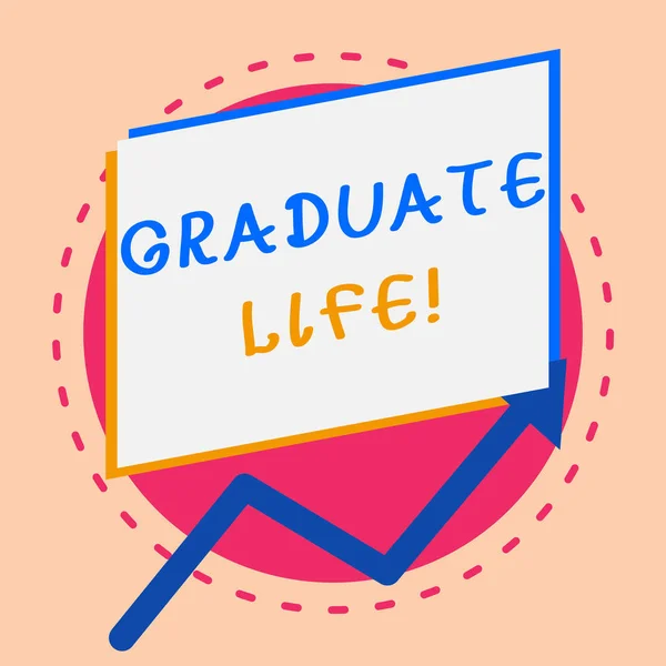 Text sign showing Graduate Life. Conceptual photo condition or a status a demonstrating after finishing academic degree Irregular edging arrow line on the bottom of parallelogram blank papers.