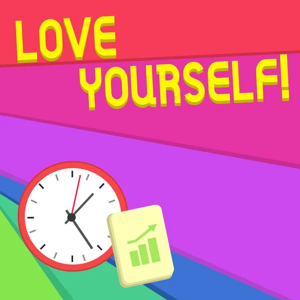 Segno di testo che mostra Love Yourself. Foto concettuale hanno selfrespect e l'selfactance incondizionato Layout Wall Clock Blocco note con scala mobile Bar Grafico e freccia puntando verso l'alto . — Foto Stock