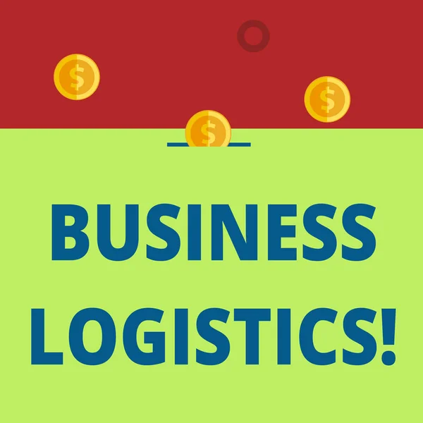 Λέξεις που γράφουν κείμενα Business Logistics. Επιχειρηματική ιδέα για την προμήθεια και την ανάλυση υλικών Τρία χρυσά σφαιρικά νομίσματα αξίας χιλίων δολαρίων μία αναπήδηση στον κουμπαρά. — Φωτογραφία Αρχείου