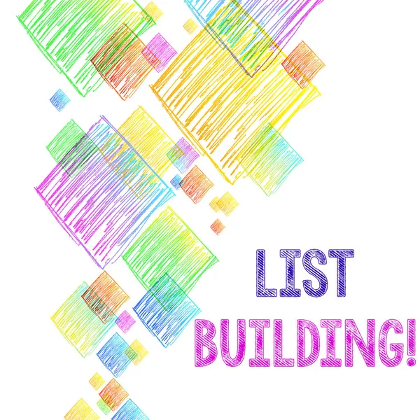 Writing note showing List Building. Business photo showcasing database of showing you can contact with your marketing message Vibrant Multicolored Scribble Rhombuses of Different Sizes Overlapping. — 스톡 사진