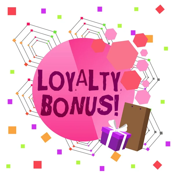 Conceptual hand writing showing Loyalty Bonus. Business photo text reward such as money or points is given for a loyal customer Greeting Card Poster Gift Package Box Decorated by Bowknot. — Stock Photo, Image
