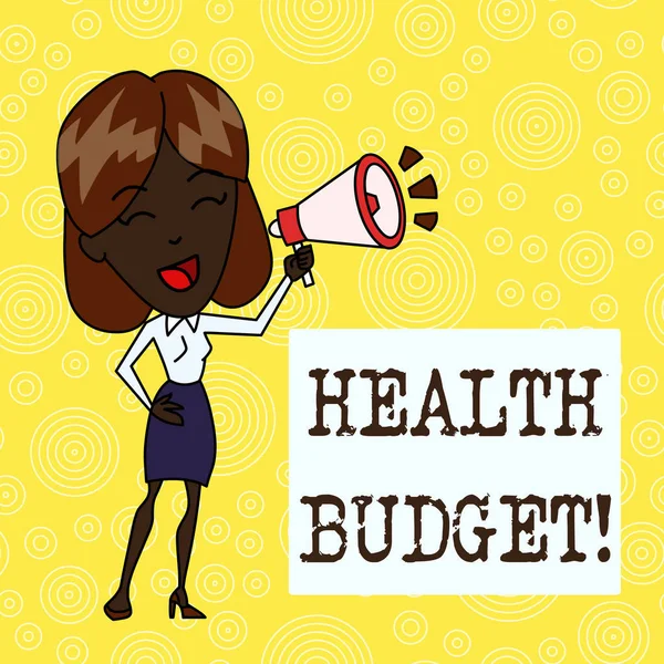 手写文本健康预算。概念意味着钱的数量，以支持你的健康和福祉需要年轻女子发言到吹角卷图标彩色背滴文本框. — 图库照片