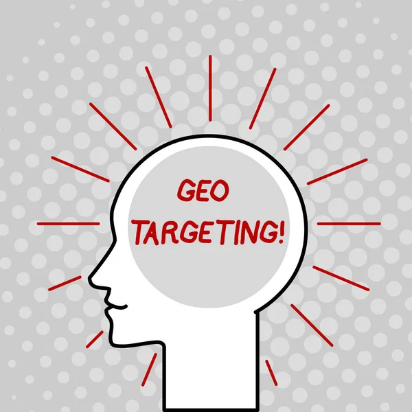 Writing note showing Geo Targeting. Business photo showcasing method of determining the geolocation of a website visitor Outline Silhouette Human Head Surrounded by Light Rays Blank Text Space.