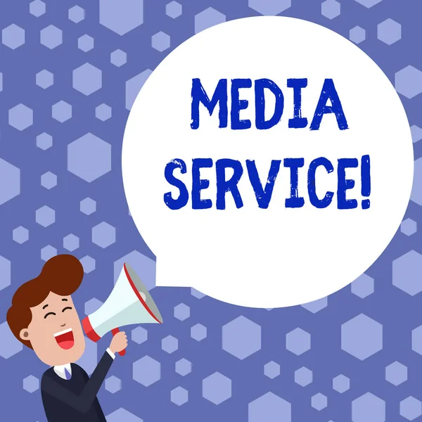Text sign showing Media Service. Conceptual photo server programs that delivers streaming media over the Web Young Man Shouting into Megaphone Floating Round Shape Empty Speech Bubble.