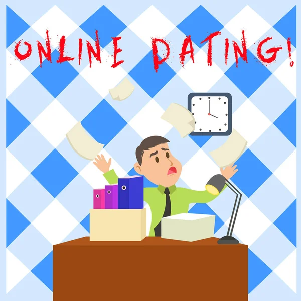 Conceptuele handschrift tonen Online Dating. Zakelijke foto presentatie praktijk van het zoeken naar een roanalytische partner op het Internet Man Manager Cluttered Workspace Overflow Tijd tekort. — Stockfoto