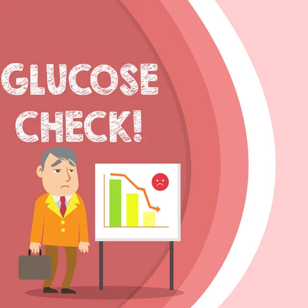 Escritura manual conceptual que muestra Glucose Check. Procedimiento de texto de foto de negocios que mide la cantidad de azúcar en un hombre de negocios en sangre con el gráfico de barras de pizarra blanca de pie de caso breve . — Foto de Stock