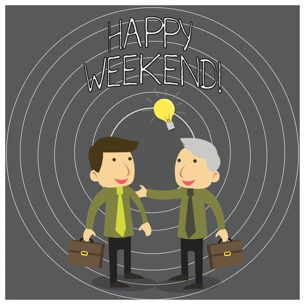 Writing note showing Happy Weekend. Business photo showcasing wishing someone to have a blissful weekend or holiday Two White Businessmen Colleagues with Brief Cases Sharing Idea Solution. — 스톡 사진