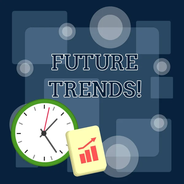 Writing note showing Future Trends. Business photo showcasing forecasts affecting technology customers and business Layout Wall Clock Notepad with Escalating Bar Graph Arrow. — 스톡 사진