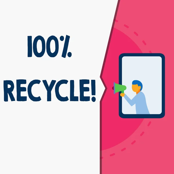 Письменный текст 100% Recycle. Бизнес-концепция для содержит 100% постпотребительский восстановленный материал Человек стоит в окне держать громкоговоритель говоря трубу без слушателя . — стоковое фото