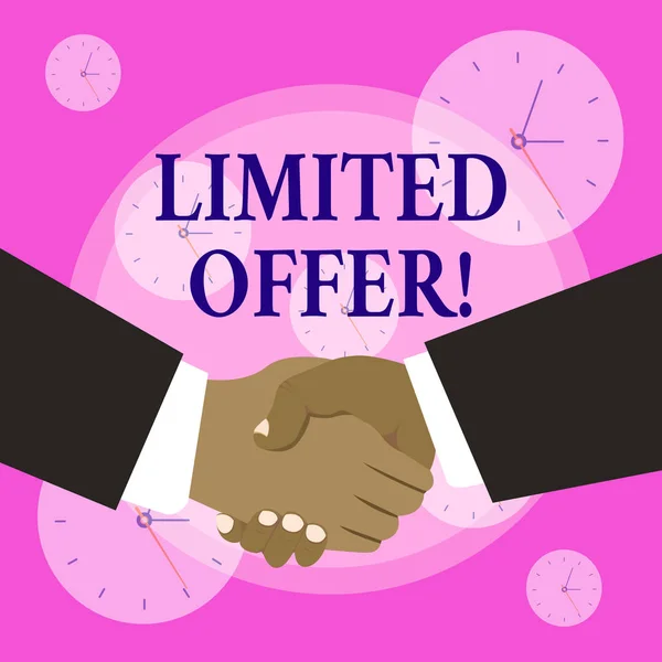 Conceptual hand writing showing Limited Offer. Business photo showcasing special item available for a defined short period of time Hand Shake Multiracial Male Business Partners Formal Suits.