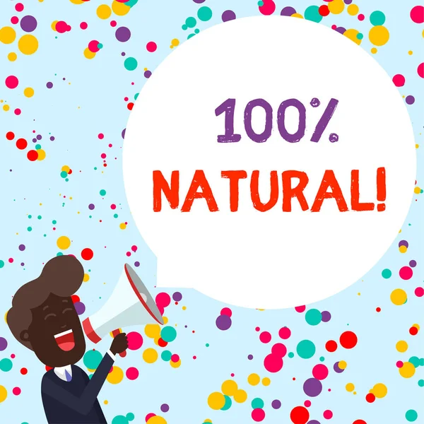 Writing note showing 100 Percent Natural. Business photo showcasing does not contain artificial ingredients or preservatives Young Man Shouting in Megaphone Floating Round Speech Bubble. — 스톡 사진