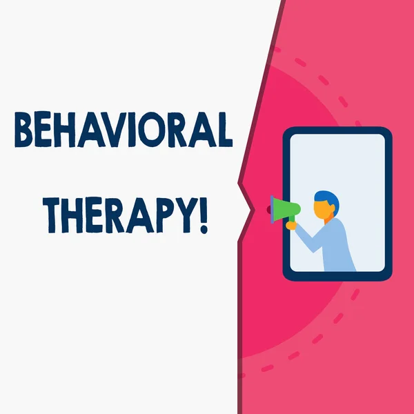 Word writing text Behavioral Therapy. Business concept for help change potentially selfdestructive behaviors Man stands in window hold loudspeaker speaking trumpet without listener. — 스톡 사진