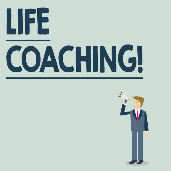 Conceptual hand writing showing Life Coaching. Business photo showcasing a demonstrating employed to help showing attain their goals in life Businessman Looking Up, Holding and Talking on Megaphone.