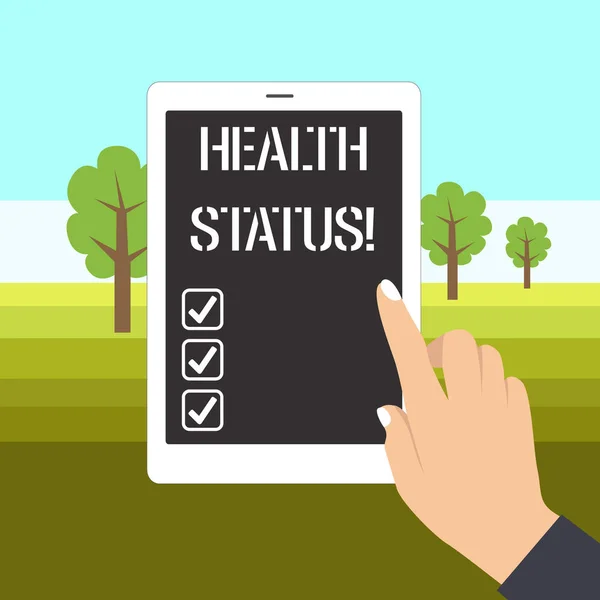 stock image Word writing text Health Status. Business concept for The state of health of a demonstrating or population assessed Female Hand with White Polished Nails Pointing Finger Tablet Screen Off.