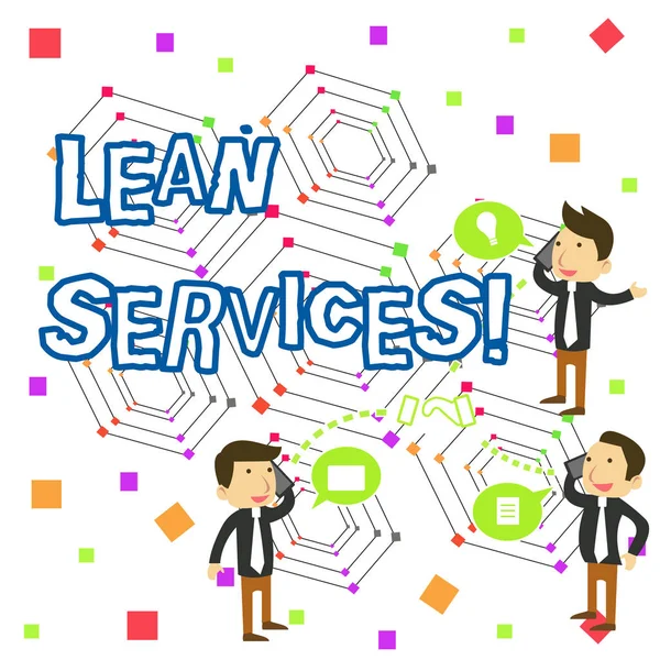 Scrivere testi scritti a mano Lean Services. Concetto che significa applicazione del concetto di lean analysisufacturing alle operazioni Businessmen Coworkers Conference Call Conversation Discussion Cellulari . — Foto Stock