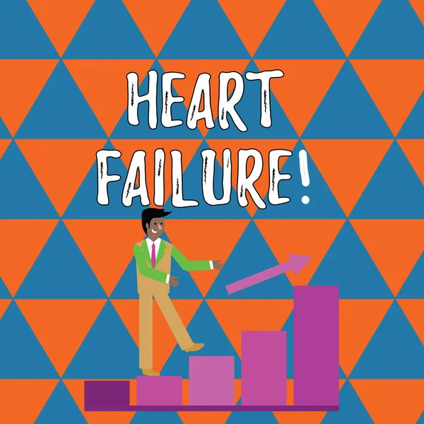 Handwriting text writing Heart Failure. Concept meaning the severe failure of the heart to function properly Smiling Businessman Climbing Colorful Bar Chart Following an Arrow Going Up.