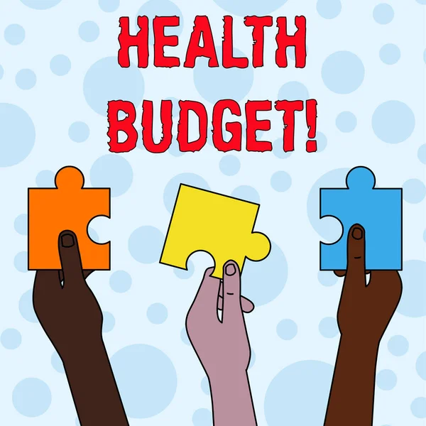 Handwriting text writing Health Budget. Concept meaning amount of money to support your health and wellbeing needs Three Colored Empty Jigsaw Puzzle Pieces Held in Different People Hands. — Stock Photo, Image