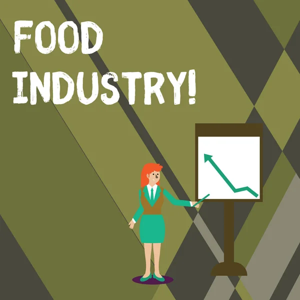 概念手写显示食品工业。商业照片文本 向世界人口提供食物的不同业务 妇女拿着棍子指着白板上的箭头图表. — 图库照片