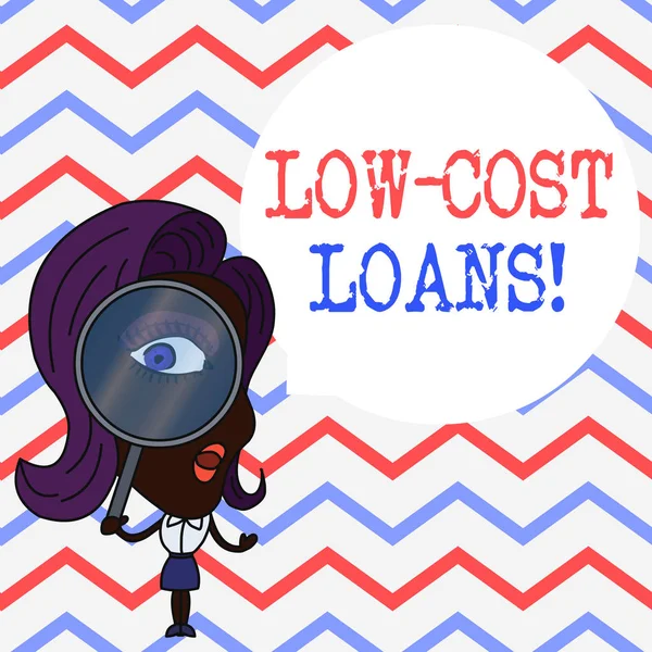 Writing note showing Low Cost Loans. Business photo showcasing loan that has an interest rate below twelve percent Woman Looking Trough Magnifying Glass Big Eye Blank Round Speech Bubble.