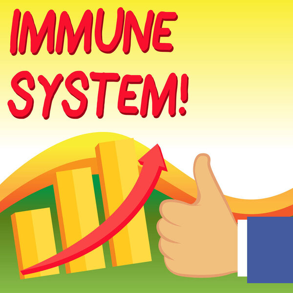 Text sign showing Immune System. Conceptual photo host defense system comprising analysisy biological structures Thumb Up Good Performance Success Escalating Bar Graph Ascending Arrow.