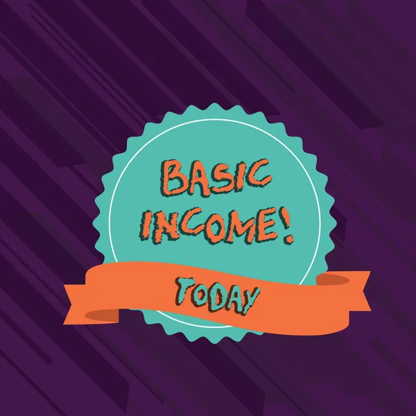 Text sign showing Basic Income. Conceptual photo periodic cash payment unconditionally delivered Minimum income Blank Color Seal Sticker with Jagged Edge and Different Shade Ribbon Strip. — Stock Photo, Image