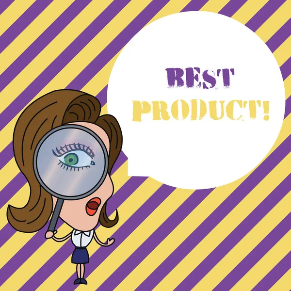 Writing note showing Best Product. Business photo showcasing very popular and a large quantity of it has been sold Woman Looking Trough Magnifying Glass Big Eye Blank Round Speech Bubble.