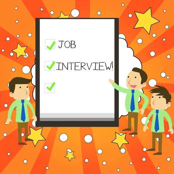 Writing note showing Job Interview. Business photo showcasing meeting in which an employer asks the applicant about the job Business Colleagues Discuss Missions Presentation Whiteboard Ticks. — Stock Photo, Image