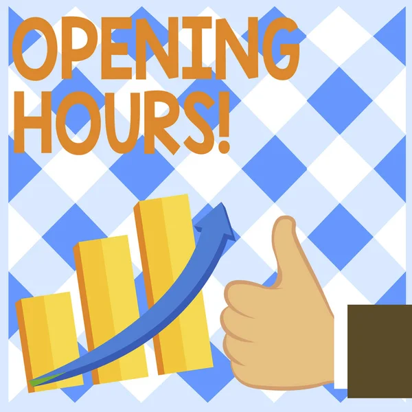 Conceptual hand writing showing Opening Hours. Business photo text the time during which a business is open for customers Thumb Up Good Performance Success Escalating Bar Graph Arrow. — стокове фото