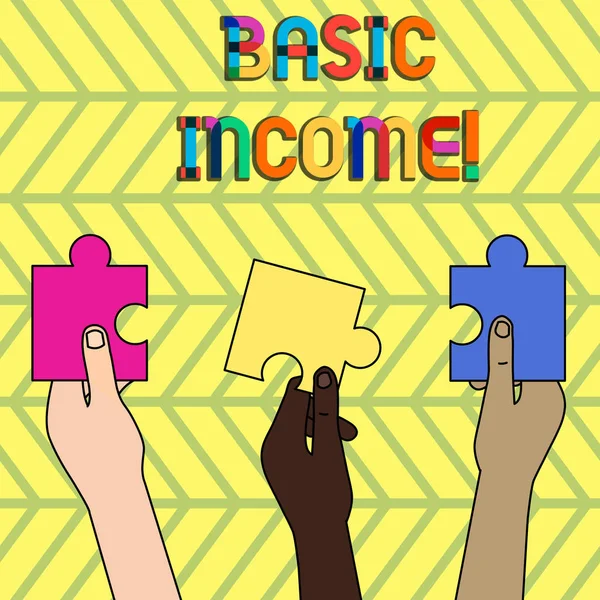 Word writing text Basic Income. Business concept for periodic cash payment unconditionally delivered Minimum income Three Colored Empty Jigsaw Puzzle Pieces Held in Different People Hands. — Stock Photo, Image