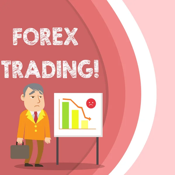 Conceptuele hand schrijven toont Forex Trading. Zakelijke foto tekst uitwisseling van valuta's tussen twee of meer landen zakenman met korte case permanent whiteboard staafdiagram. — Stockfoto