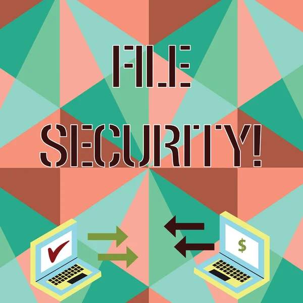 Conceptual hand writing showing File Security. Business photo showcasing Protecting digital data such as those in a database from loss Arrow Icons Between Two Laptop Currency Sign and Check Icons.