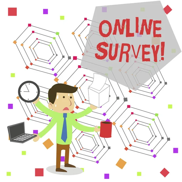 Writing note showing Online Survey. Business photo showcasing type of assessment that is conducted via the Internet Stressed Male Employee Manager Multitasking Meet Deadline. — Stock Photo, Image