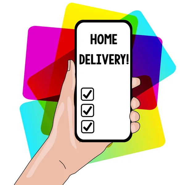 Word writing text home delivery. Geschäftskonzept für den Akt der Übernahme von Waren oder Paketen direkt zu den Kunden nach Hause Nahaufnahme Smartphone-Gerät in der Hand mit leerem Bildschirm und Textspeicher gehalten. — Stockfoto