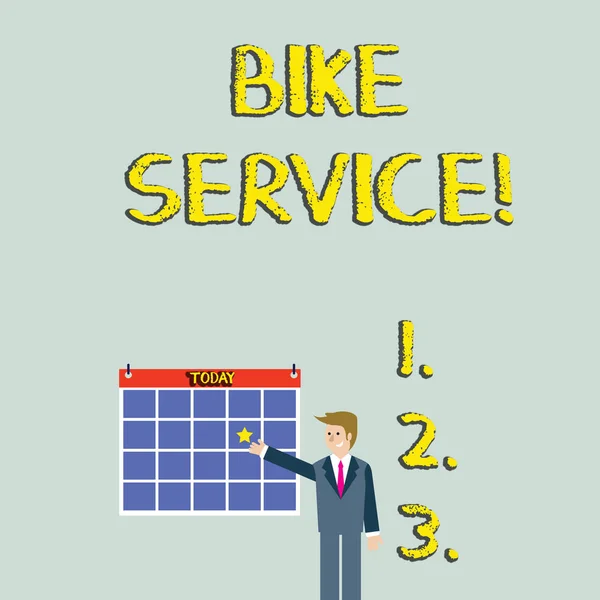 手写文本自行车服务。概念意味着清洁和修复自行车机构，以保持最佳条件商人微笑和指向五颜六色的日历与星挂在墙上. — 图库照片