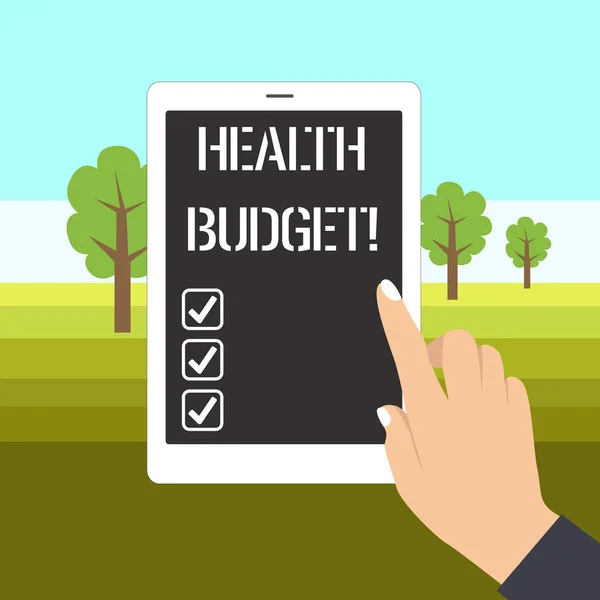Word writing text Health Budget. Business concept for amount of money to support your health and wellbeing needs Female Hand with White Polished Nails Pointing Finger Tablet Screen Off. — Stock Photo, Image