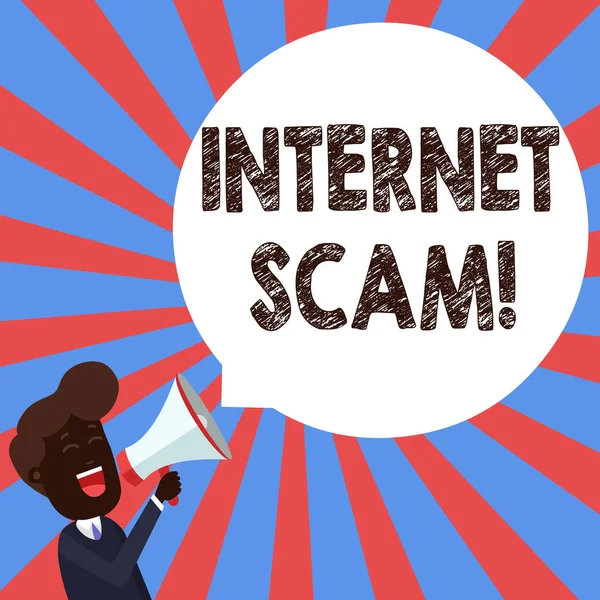 Text sign showing Internet Scam. Conceptual photo type of fraud or scam which makes use of the Internet Young Man Shouting into Megaphone Floating Round Shape Empty Speech Bubble.