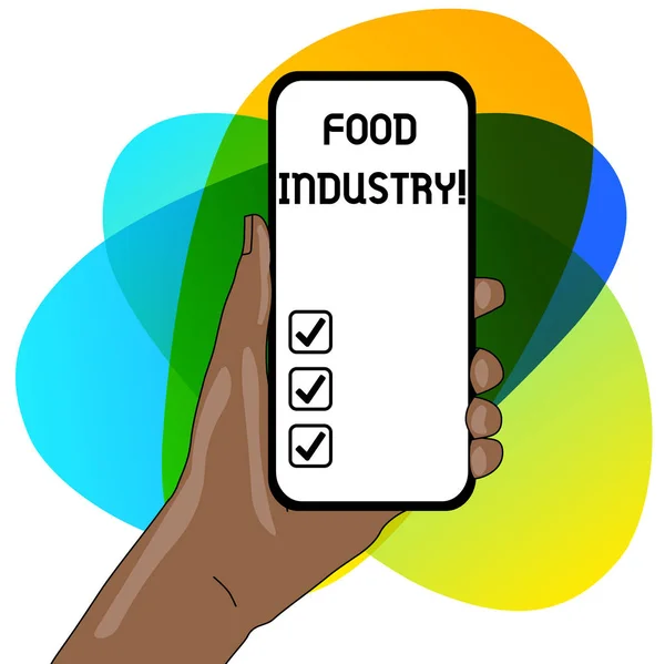 写字稿食品工业。 向世界人口提供食物的多样化企业的商业概念- -智能手机装置与空屏幕和文字空间携手并肩. — 图库照片