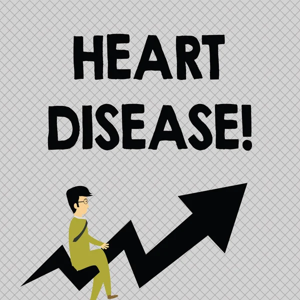Conceptual hand writing showing Heart Disease. Business photo text class of diseases that involve the heart or blood vessels Businessman with Eyeglasses Riding Crooked Arrow Pointing Up. — Stock Photo, Image